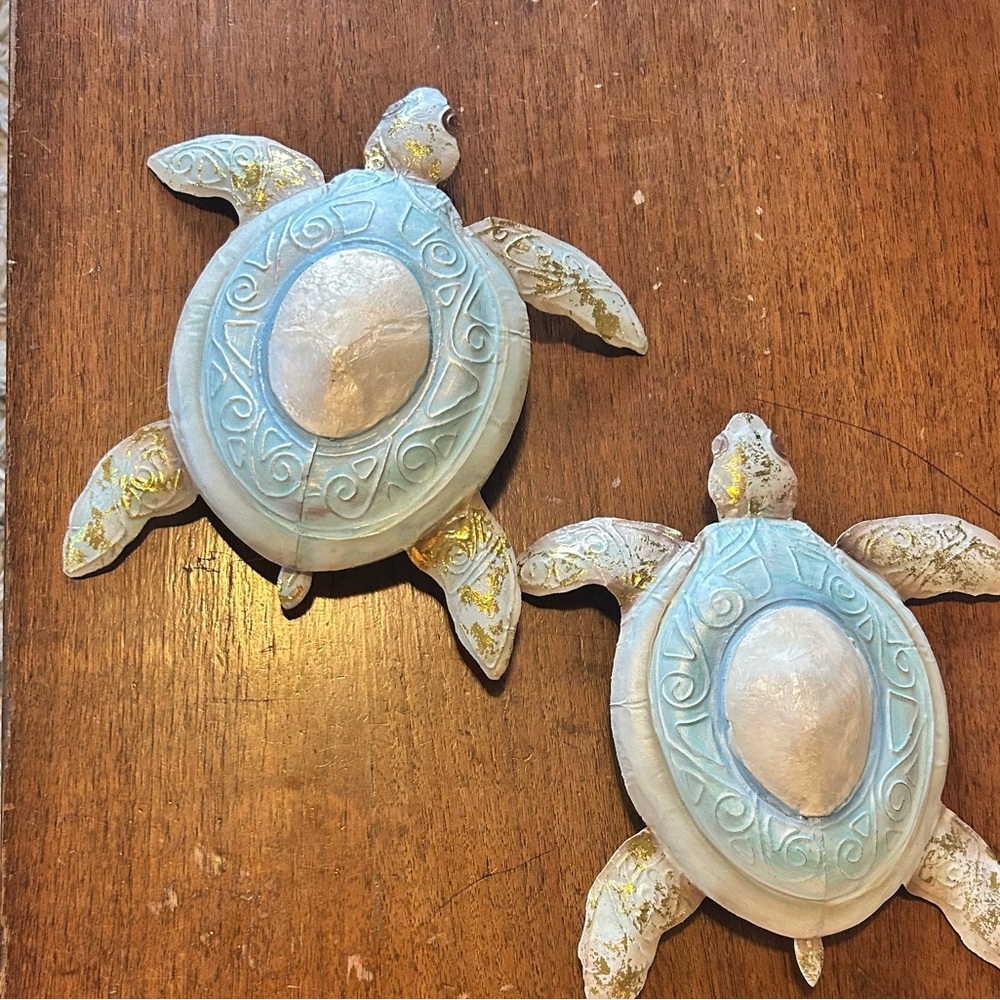 Capiz Sea Turtle Metal Wall Decor Set of 2 - 10” Inches Long Coastal Decor